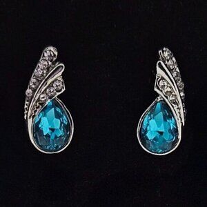 Small Azure Blue, Clear Crystal Teardrop Stud Earrings Silver Plated